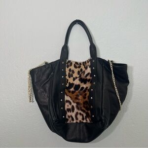 Italian leather black cheetah tote bag